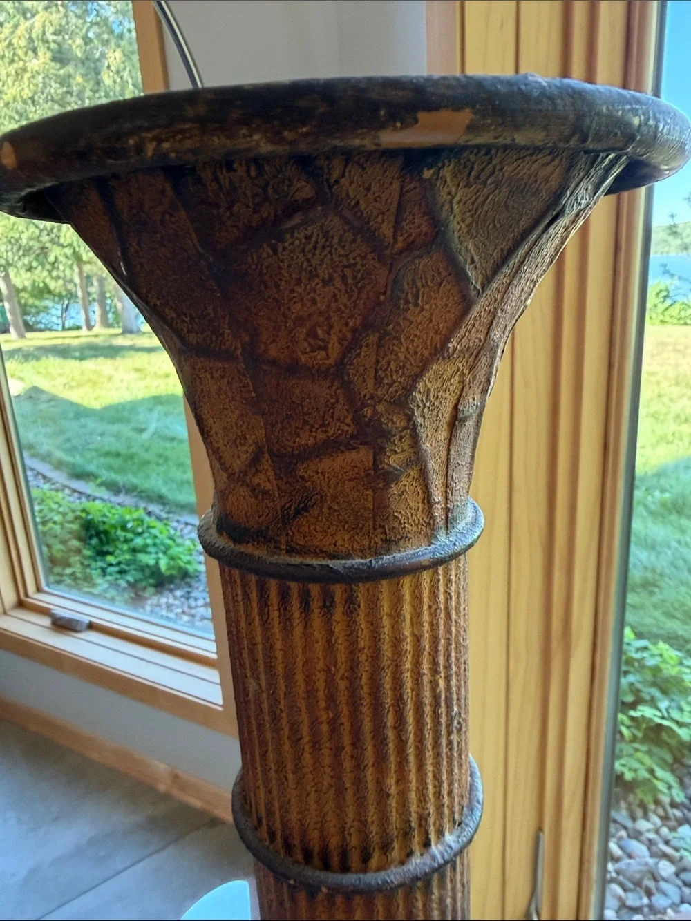 Decorative Brown and Cream Floor Vase with Textured Metal Body